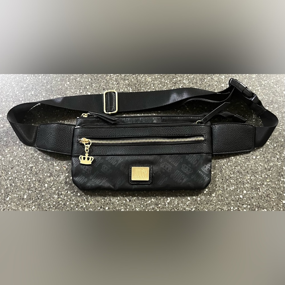 Juicy Couture Black Belt Waist Crossbody Bag with Gold Details Monogram Logo